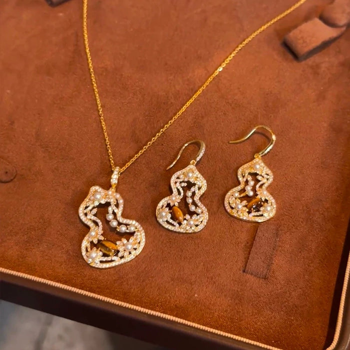Gold Hollow Gourd Necklace Earrings Tiger Eye Pearl Set