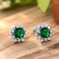 Silver Tone Green Round Stone Clear Halo Stud Earrings view 2