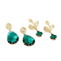 Gold Tone Emerald Green Crystal Teardrop and Leaf Drop Earrings view 5