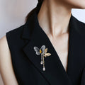 Blue Textile Butterfly Brooch With Gold Wing And Crystal Tassels view 2