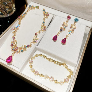 Crystal Bow Flower Necklace Earring Set Pink White Bracelet