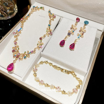 Crystal Bow Flower Necklace Earring Set Pink White Bracelet