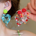 Translucent Leaf Drop Earrings with Bright Green or Red Round Studs view 1