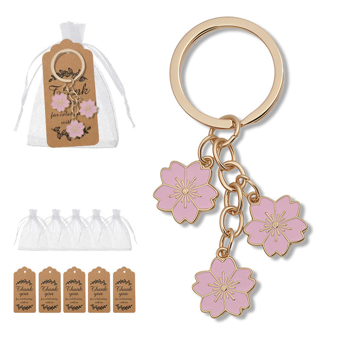 Pink Cherry Blossom Keychain With Three Metal Flower Charms