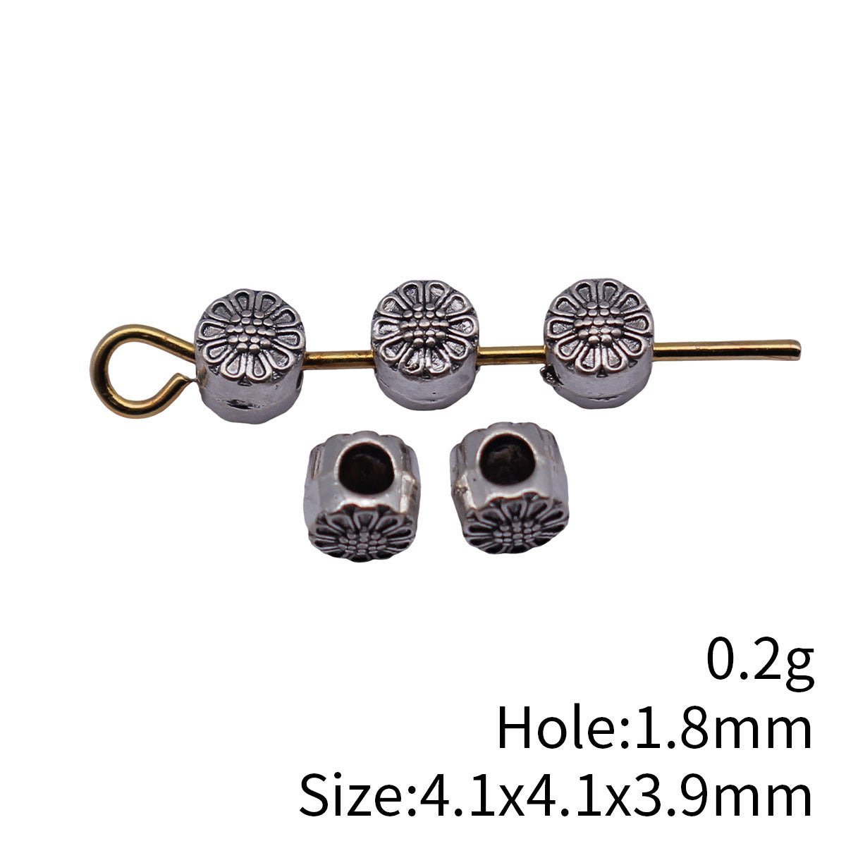 4.1x4.1x3.9mm 0.2g Antique Silver Zinc Alloy Flower Pattern Round Loose Metal Double Sided Beads for Bracelet DIY Jewelr