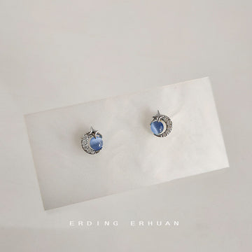 Silver Tone Star Moon Clear Stone And Blue Round Stud Earrings