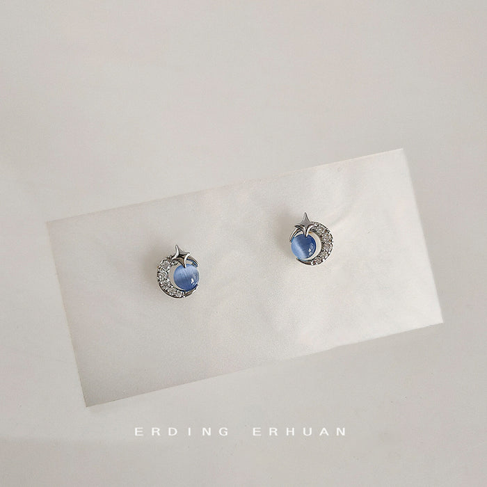 Silver Tone Star Moon Clear Stone And Blue Round Stud Earrings
