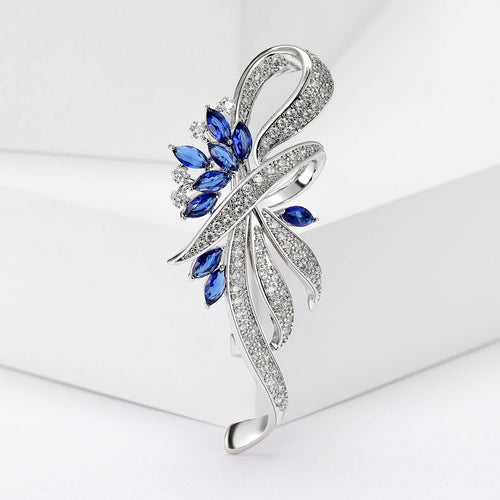 Blue silver crystal ribbon flower brooch size chart