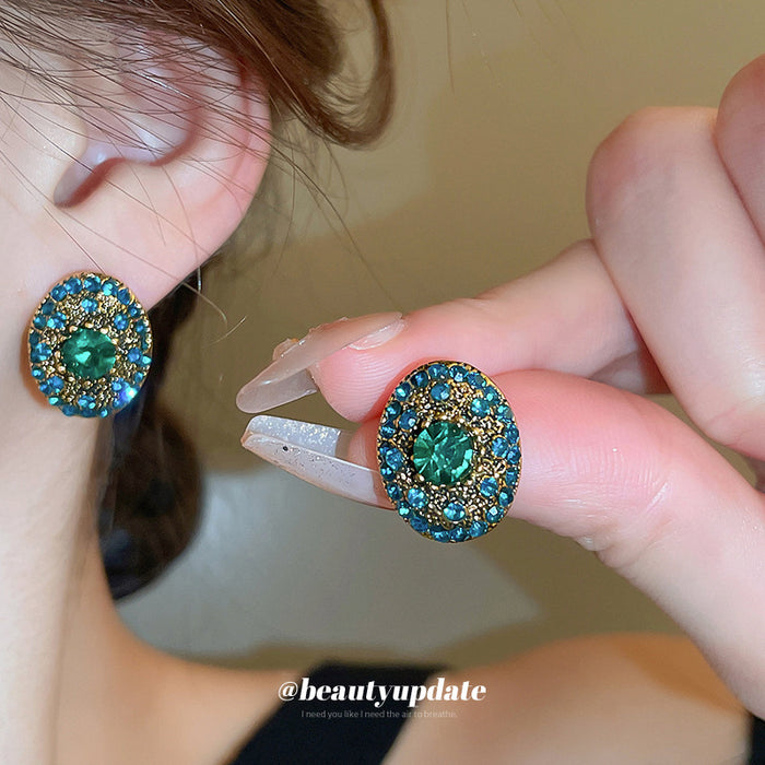 Blue Green Oval Crystal Halo Stud Earrings Jewelry