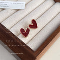 Gold Rim Enamel Heart Stud Earrings Wine Red Black view 4