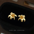 Gold Matte Frosted Flower Stud Earrings Five Petal view 4