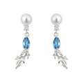 Silver Tone White Pearl Blue Stone Leaf Branch Drop Stud Earrings view 5