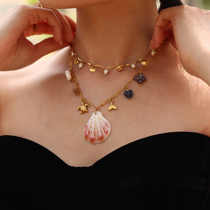 Gold Stainless Steel Sea Shell Turtle Charm Beach Necklaces