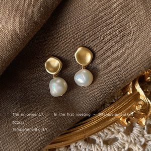 Matte Gold Tone Irregular Square And Baroque Pearl Drop Earrings