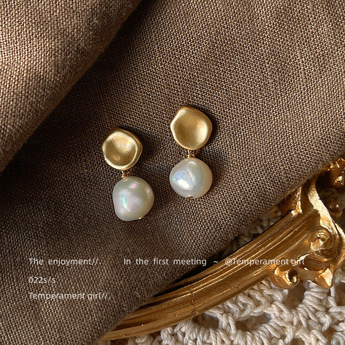 Matte Gold Tone Irregular Square And Baroque Pearl Drop Earrings