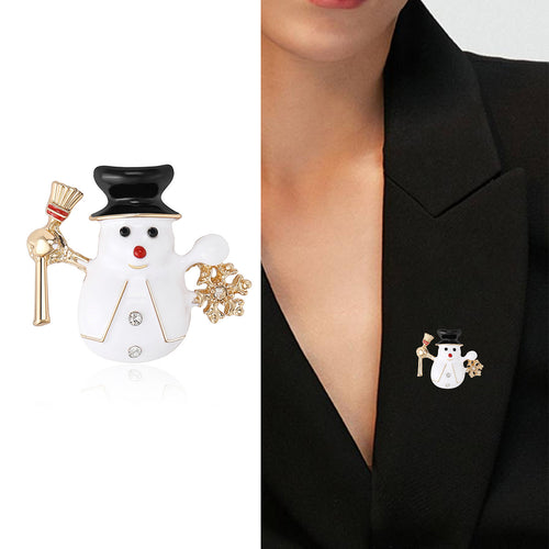 Snowman brooch product shot and worn on black blazer lapel