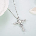 Silver Pave Cross Pendant Necklace Pearl Heart Center view 4
