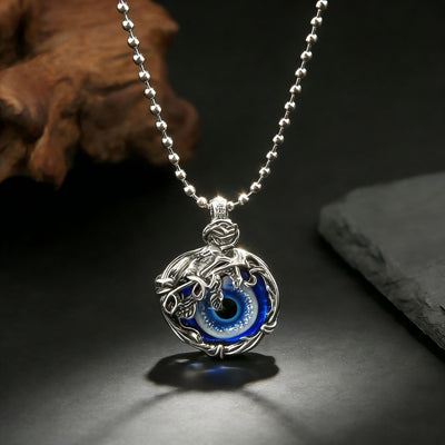 Main product view of silver Tone Dragon Frame Blue Evil Eye Pendant Necklace
