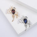 Bird On Pearl Flower Branch Brooch Blue Burgundy Crystal view 2