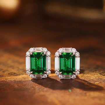 Green Emerald-Cut Solitaire Halo Stud Earrings In Silver Tone