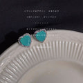 Silver Tone Heart Stud Earrings Teal Stone Crystal Halo view 3