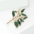 Green Enamel Leaf And White Crystal Flower Branch Brooch view 3
