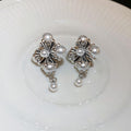 Antique Silver Cross Flower Pearl Drop Stud Earrings Alloy view 3