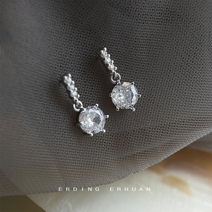 Silver Drop Earrings Bar Stud Large Round Clear Zircon