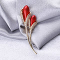 Red Tulip Dual Bloom Brooch Gold Stem Pave Rhinestone Edges view 3