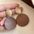 Round Brown Wood Disc Drop Earrings With Gold Tone Studs view 4