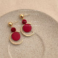 Gold Ball Stud Red Wood Disc Crescent Drop Earrings view 4