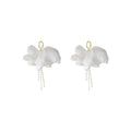 White Sheer Fabric Flower Drop Earrings Pearl Tassels view 5