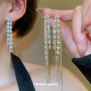 Crystal Chain Tassel Earrings with Long Tiered Drops