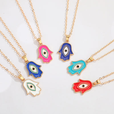 Main product view of gold Tone Enamel Hamsa Evil Eye Pendant Necklaces in Six Colors