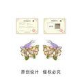 Gold Enamel Bird Camellia Flower Zircon Stud Earrings view 3