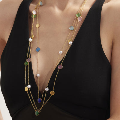 Model layering multicolor square cat eye gold station necklaces
