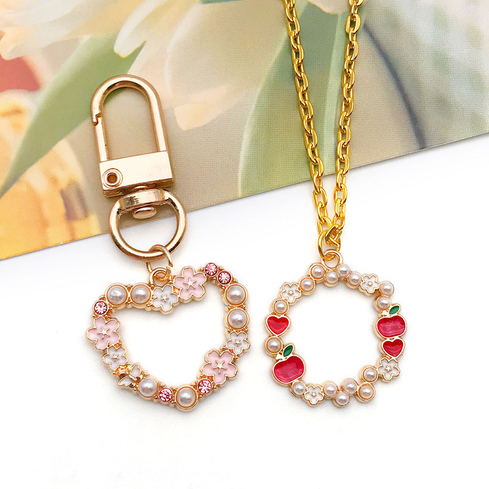 Zinc Alloy Pearl Wreath Heart Ring Flower Apple Charm Pendant for DIY Earring Keychain