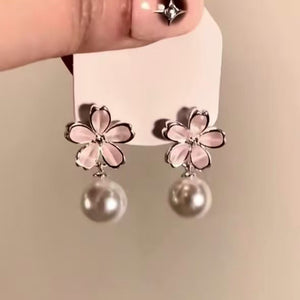 Pink Flower Pearl Drop Silver Tone Dangle Stud Earrings
