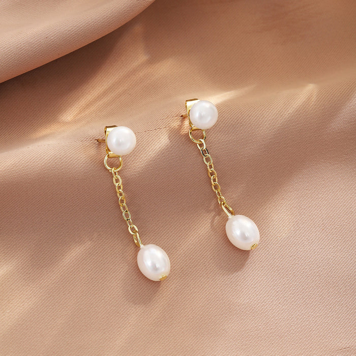 Convertible Pearl Look Gold Chain Dangle Stud Earrings