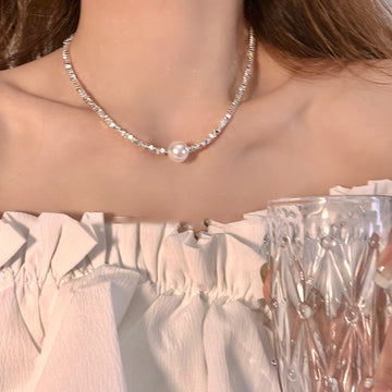 Silver Chip Pearl Geometric Bead Necklace Ten Styles