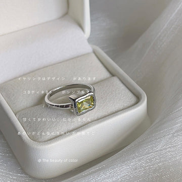 Silver Olive Green Rectangular Crystal Open Adjustable Ring
