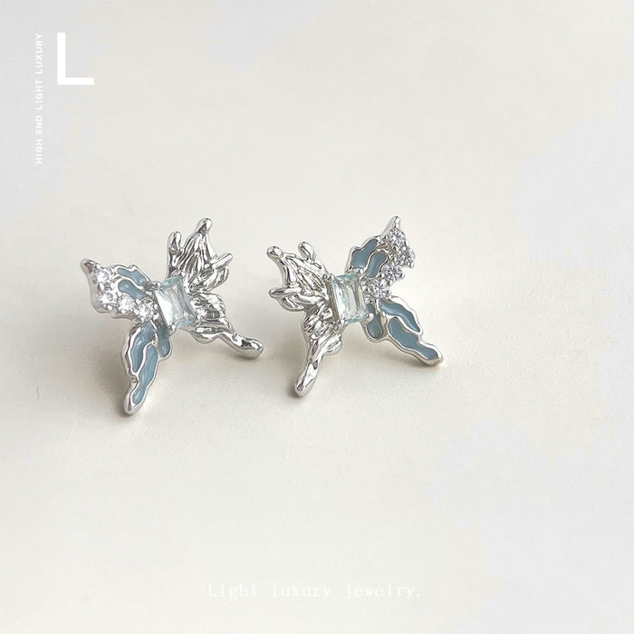 Silver Irregular Butterfly Studs Light Blue Enamel Clear Stones