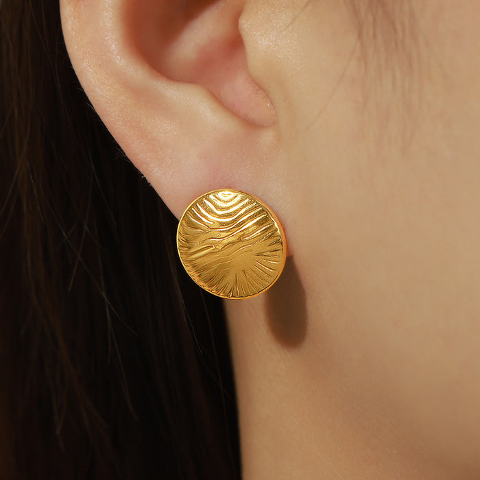 Gold Round Wave Texture Disc Stud Earrings Polished Metal