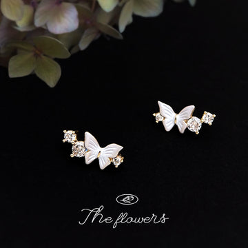 Gold Tone Pearlescent Wing Butterfly Clear Stone Stud Earrings