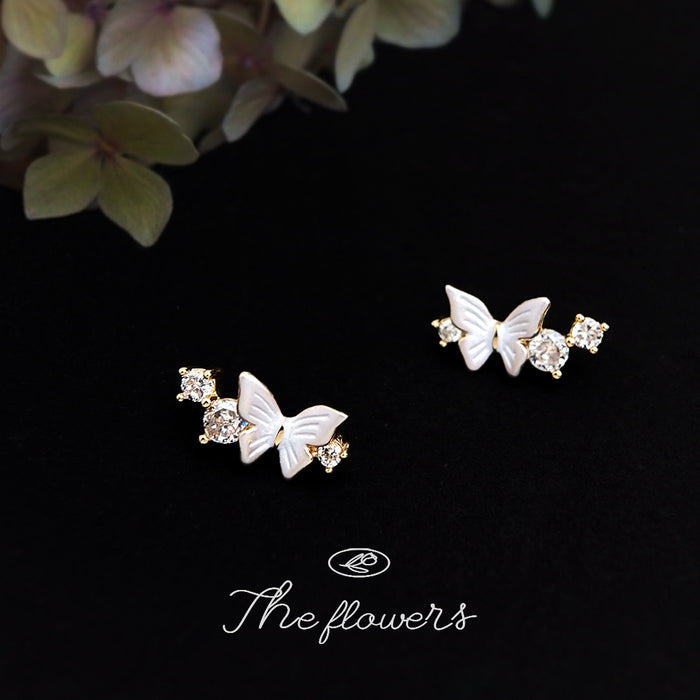 Gold Tone Pearlescent Wing Butterfly Clear Stone Stud Earrings