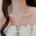 Blue Beaded Layered Necklace Set with Silver Heart Pendant view 3