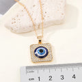 Gold Tone Square Crystal Halo Blue Evil Eye Pendant Necklace view 2