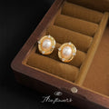 Gold Oval Pearl Stud Earrings Crystal Four Point Frame view 3