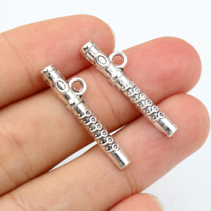 Antique Silver Flute Instrument Charms With Twin Loops