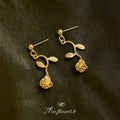 Gold Tone Rosebud Stem And Leaf Drop Stud Earrings For Women view 3